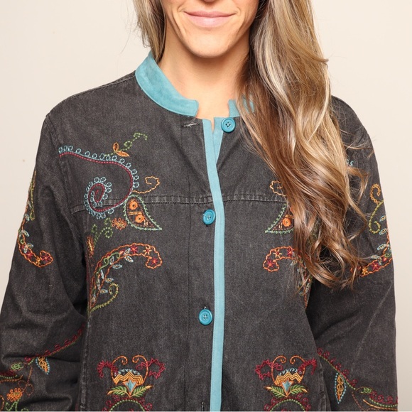 Vintage Jackets & Blazers - Vintage Black Denim Jacket with Colorful Embroidery